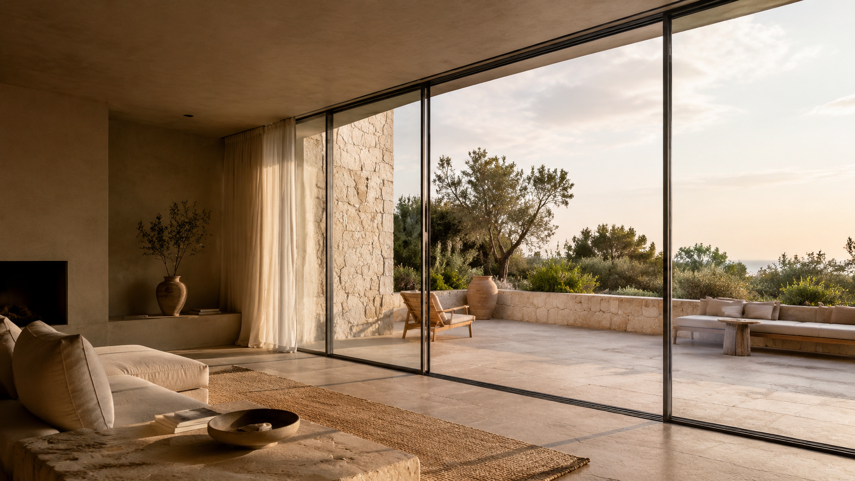 Ambiente contemporaneo con grandi serramenti scorrevoli affacciati su una terrazza mediterranea